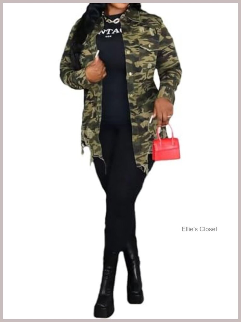 Women's Longline Camo Jacket Distressed Button Front Lightweight